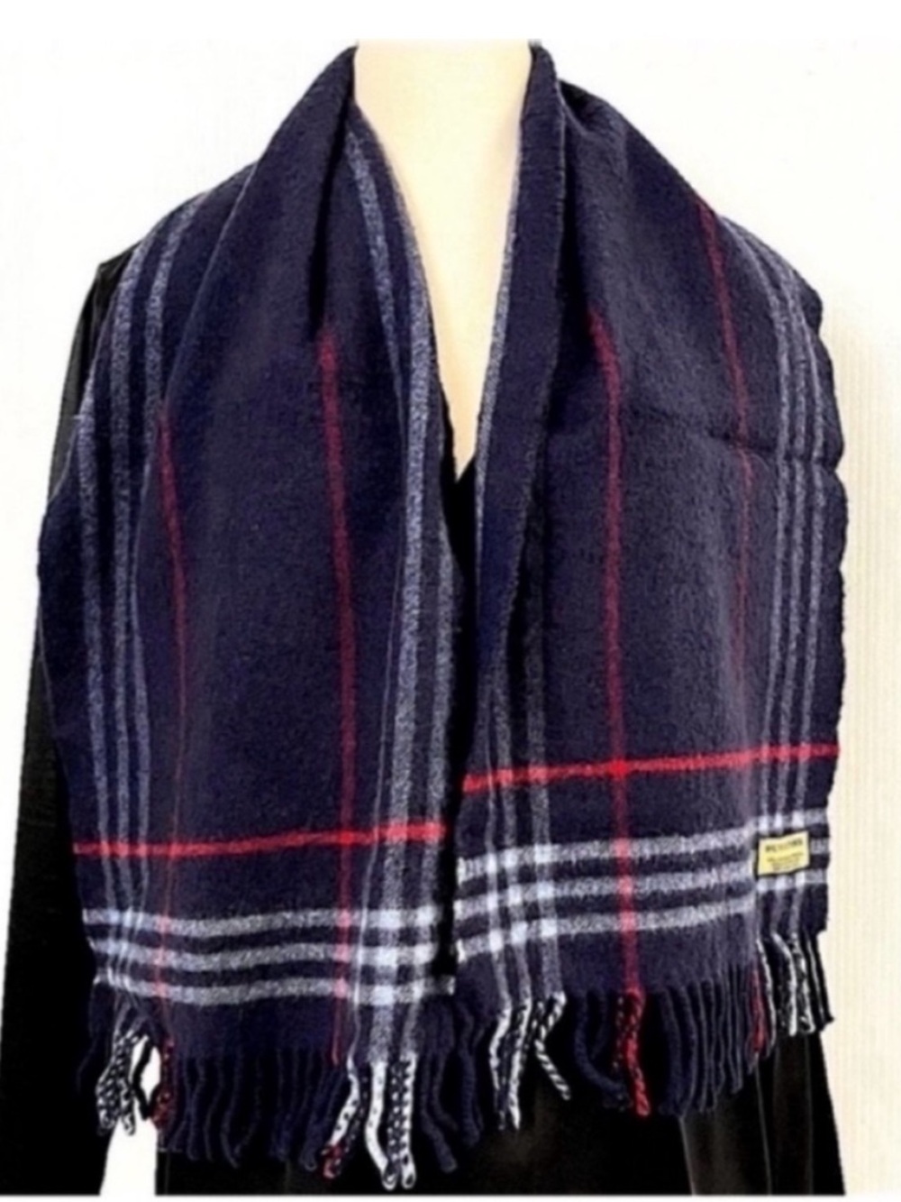 Burberry Cashmere Navy Plaid Fringe Scarf with Red Accent
One Size - Picture 2 of 5
